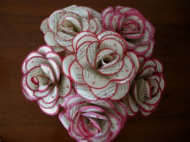 Recycled book page red rose paper flower bouquet lot handmade