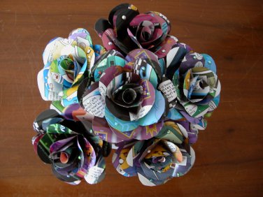 Recycled comic strip page dark colorful rose paper flower bouquet