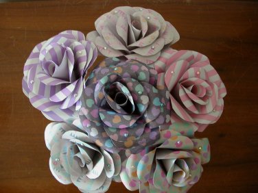 Handmade paper rose light purple grey pink heart stripe flower bouquet