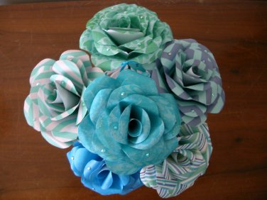 Handmade paper rose aqua blue flower bouquet handmade