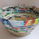 Recycled magazine bowl rainbow color light blue flower 2.5x5.25 Recycled magazine bowl rainbow color light blue flower 2.5x5.25