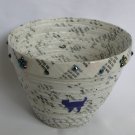 Recycled magazine bowl white and black print purple cat 3x4.25