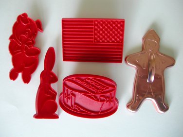 Vintage cookie cutter red plastic flag birthday bunny gingerbread man lot of 5