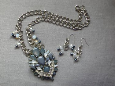 Grey tiered rhinestone chunky statement necklace pendant earrings set