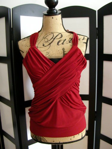 Vol 1 red ruched draped goddess cross over sleeveless top M