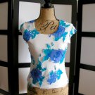 Rag blue aqua white floral flower applique short sleeve top S