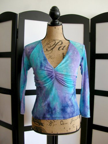 No Appt Necessary blue aqua purple cinched tie dye 3/4 sleeve top S