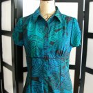 Como Stretch blue aqua black paisley swirl fitted empire short sleeve top S