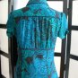 Como Stretch blue aqua black paisley swirl fitted empire short sleeve top S