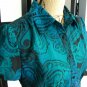 Como Stretch blue aqua black paisley swirl fitted empire short sleeve top S