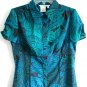Como Stretch blue aqua black paisley swirl fitted empire short sleeve top S