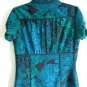 Como Stretch blue aqua black paisley swirl fitted empire short sleeve top S