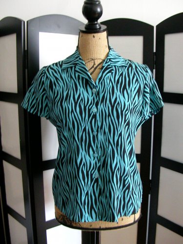 Studio 6 aqua blue black zebra short sleeve silk top size P