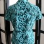 Studio 6 aqua blue black zebra short sleeve silk top size P