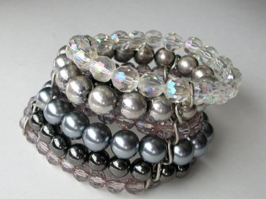 Grey silver ombre AB crystal beads 6 strand stretch bracelet