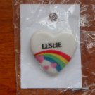 Leslie name pin ceramic heart rainbow vintage