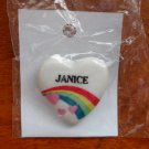 Janice name pin ceramic heart rainbow vintage