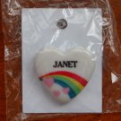 Janet  name pin ceramic heart rainbow vintage