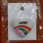 Janet name pin ceramic heart rainbow vintage
