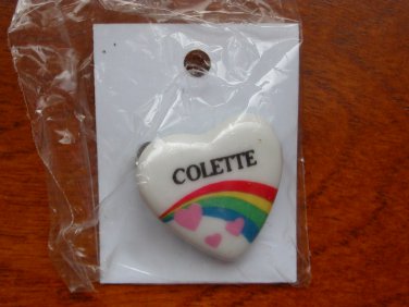 Colette name pin ceramic heart rainbow vintage