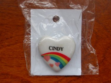Cindy name pin ceramic heart rainbow vintage