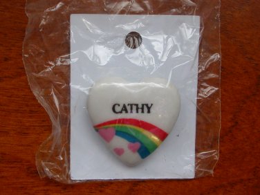 Cathy name pin ceramic heart rainbow vintage