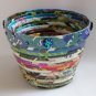 Recycled magazine bowl dark blue colorful AB flower 3.25x4.25