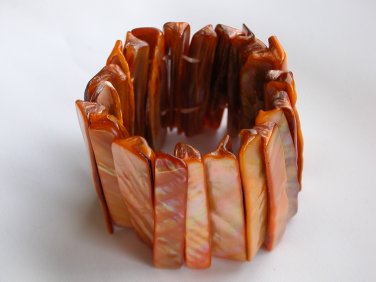 Orange dyed shell iridescent abalone stretch bracelet