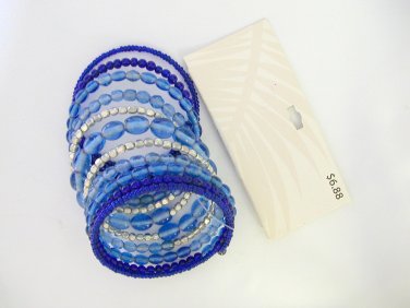 Royal Light Blue Seed Bead Large Memory Wire 11 Row Bracelet NWT