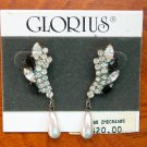 Vintage Glorius black clear rhinestone marquis pear pearl drop pierced earrings