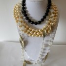 Vintage knotted black bead onyx 3 strand pearl crystal polished stone necklace lot of 3