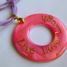 Live Love Laugh light pink circle shell pendant purple organza cord necklace Live Love Laugh light pink circle shell pendant purple organza cord necklace