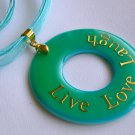 Live Love Laugh aqua blue circle shell pendant aqua organza cord necklace Live Love Laugh aqua blue circle shell pendant aqua organza cord necklace