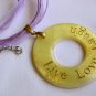 Live Love Laugh yellow circle shell pendant purple organza cord necklace