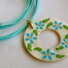 Live Love Laugh yellow circle shell pendant blue organza cord necklace Live Love Laugh yellow circle shell pendant blue organza cord necklace