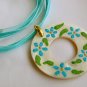 Live Love Laugh yellow circle shell pendant blue organza cord necklace