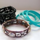 Copper tone rhinestone stretch aqua blue bangle black plastic bead bracelet lot Copper tone rhinestone stretch aqua blue bangle black plastic bead bracelet lot