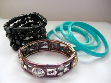 Copper tone rhinestone stretch aqua blue bangle black plastic bead bracelet lot