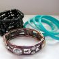 Copper tone rhinestone stretch aqua blue bangle black plastic bead bracelet lot