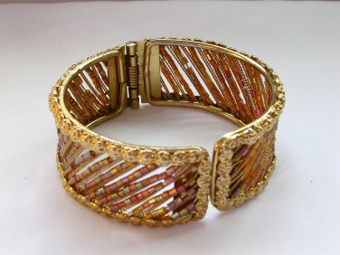 Iridescent shimmer bugle seed bead gold tone hinge cuff bracelet