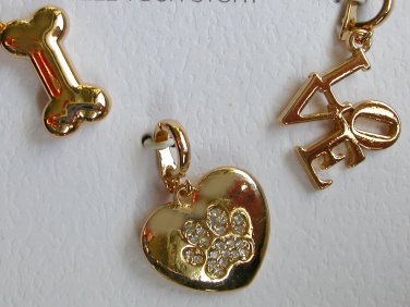 Time and Tru bone rhinestone paw heart LOVE gold 3 charms Mix and Match NWT
