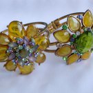 Yellow crystal rhinestone flower gold clamp hinged bracelet lot of 2