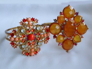 Peach Orange maltese crystal rhinestone gold clamp hinged bracelet lot of 2