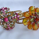 Pink flower maltese crystal rhinestone gold clamp hinged bracelet lot of 2
