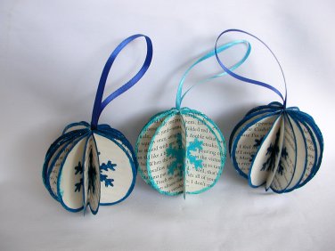 Recycled book page snowflake paper ornament blue aqua lot