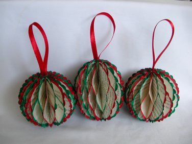 Recycled book page bright red green ornament honeycomb handmade