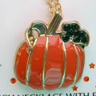 Halloween enamel pumpkin with green rhinestone leaf pendant necklace Halloween enamel pumpkin with green rhinestone leaf pendant necklace