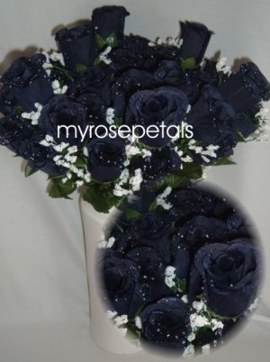 84 Silk Rose Flowers with Raindrops-Wedding Roses Flowers - Navy Blue