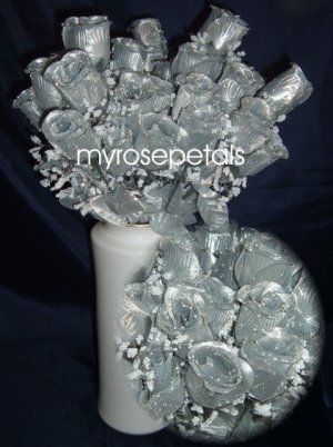 84 Silk Rose Flowers with Raindrops-Wedding Roses Flowers - Silver