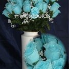 84 Silk Rose Flowers with Raindrops-Wedding Roses Flowers - Sky Blue